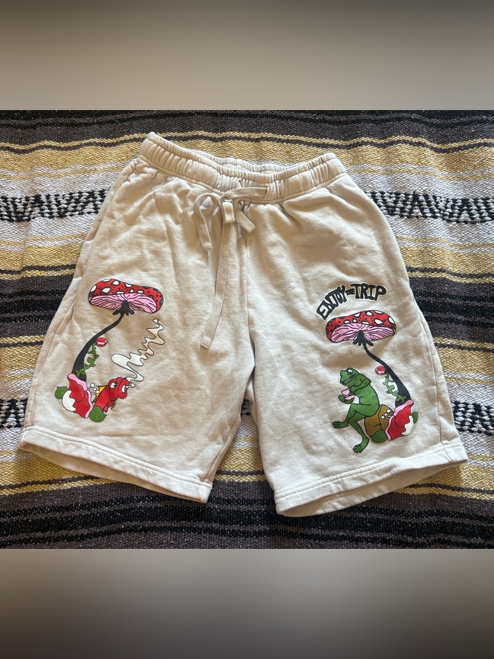 ALAB- “ENJOY THE TRIP” Cream Graphic Frog & Mushroom Drawstring Shorts